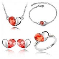 Peach Heart Crystal Pendant Necklace Bracelet Ring Stud Earrings Four-piece Set sku image 3