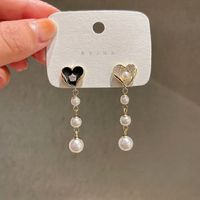 Simple Tassel Long Pearl Heart Asymmetric Earrings sku image 1