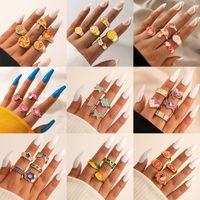 Fashion Contrast Color Heart Flower Bead Butterfly Oil Drip Ring Set main image 1