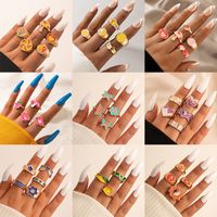 Fashion Contrast Color Heart Flower Bead Butterfly Oil Drip Ring Set main image 2