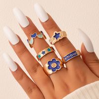 Fashion Contrast Color Heart Flower Bead Butterfly Oil Drip Ring Set main image 6