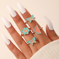 Fashion Contrast Color Heart Flower Bead Butterfly Oil Drip Ring Set main image 7