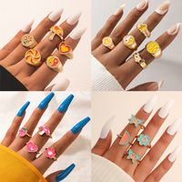 Fashion Contrast Color Heart Flower Bead Butterfly Oil Drip Ring Set sku image 5