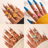 Fashion Contrast Color Heart Flower Bead Butterfly Oil Drip Ring Set sku image 4