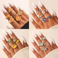 Fashion Contrast Color Heart Flower Bead Butterfly Oil Drip Ring Set sku image 6