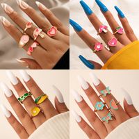 Fashion Contrast Color Heart Flower Bead Butterfly Oil Drip Ring Set sku image 1