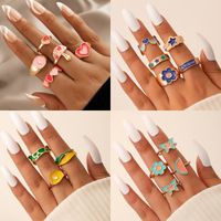 Fashion Contrast Color Heart Flower Bead Butterfly Oil Drip Ring Set sku image 3