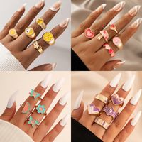 Fashion Contrast Color Heart Flower Bead Butterfly Oil Drip Ring Set sku image 7