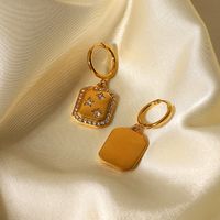 Fashion 18k Gold Stainless Steel Full Circle Zircon Star Inlaid Square Pendant Earrings main image 5