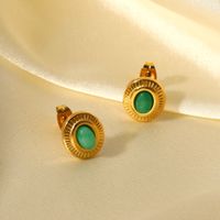 New Oval Green Jade Button Retro 18k Gold Stainless Steel Earrings main image 1
