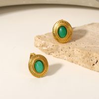 New Oval Green Jade Button Retro 18k Gold Stainless Steel Earrings main image 3
