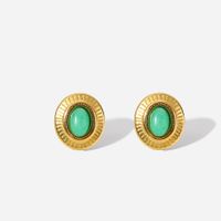 New Oval Green Jade Button Retro 18k Gold Stainless Steel Earrings main image 6
