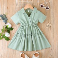 2022 Summer New Girls' Short-sleeved V-neck Solid Color Dress main image 2