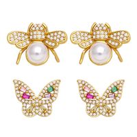 Simple Bee Butterfly Pearl Copper Inlaid Zircon 18k Gold-plated Earrings main image 1