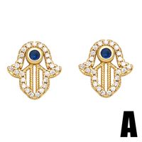 Retro Color Zircon Four-leaf Clover Eye Palm Copper 18k Gold-plated Earrings main image 3