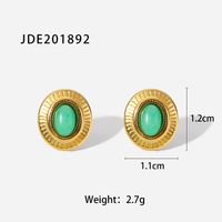 New Oval Green Jade Button Retro 18k Gold Stainless Steel Earrings sku image 1