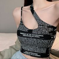 2022 Summer New Newspaper Print Sexy Slanted Shoulder Hollow Camisole Top Women&#39;s Clothing main image 2