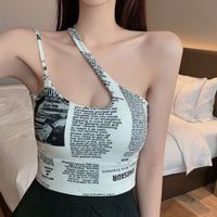 2022 Summer New Newspaper Print Sexy Slanted Shoulder Hollow Camisole Top Women&#39;s Clothing main image 5