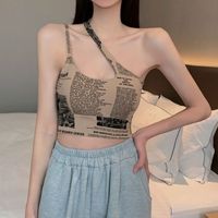 2022 Summer New Newspaper Print Sexy Slanted Shoulder Hollow Camisole Top Women&#39;s Clothing main image 7