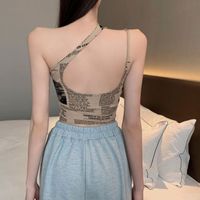 2022 Summer New Newspaper Print Sexy Slanted Shoulder Hollow Camisole Top Women&#39;s Clothing main image 8