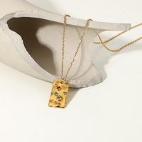 Fashion Retro 18k Stainless Steel Colored Zirconium Hammer Pattern Square Tag Necklace main image 4