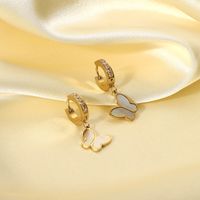New Stainless Steel 14k Gold Plated Shell Butterfly Pendant Zircon Earrings main image 2