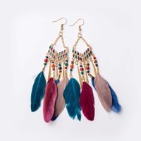 Bohemian Feather Bead Retro Quaste Lange Ohrringe Metall sku image 3