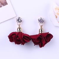 Long Tassel Stud Shiny Flower Fabric Rose Earrings Metal sku image 1