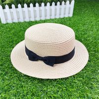 Korean Straw Hat Shading Hat Summer Flat-brimmed Bow Straw Flat Top Hat sku image 5