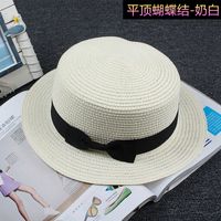 Sombrero De Paja Coreano, Sombrero Para El Sol, Sombrero De Copa Plano De Paja Con Lazo De Verano Para Mujer A La Moda sku image 6