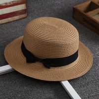 Korean Straw Hat Female Summer British Retro Flat Top Beach Travel Hat sku image 1