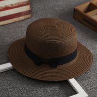 Korean Straw Hat Female Summer British Retro Flat Top Beach Travel Hat sku image 5