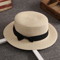 Korean Straw Hat Female Summer British Retro Flat Top Beach Travel Hat sku image 7