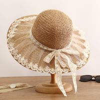 Simple Straw Hat Lace Bows Hat Female Sunshade French Ladies Top Hat sku image 1