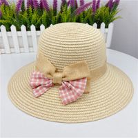 Korean Summer Plaid Bow Straw Fisherman Hat Shade Travel Straw Hat sku image 1