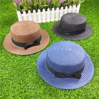 Korean Straw Hat Shading Hat Summer Flat-brimmed Bow Straw Flat Top Hat main image 5