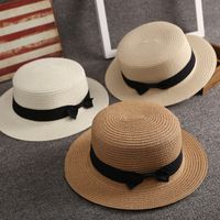 Sombrero De Paja Coreano, Sombrero De Viaje De Playa Con Parte Superior Plana Retro Británica De Verano Para Mujer main image 1