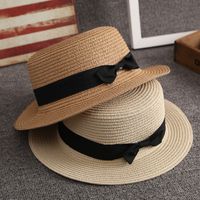 Sombrero De Paja Coreano, Sombrero De Viaje De Playa Con Parte Superior Plana Retro Británica De Verano Para Mujer main image 4