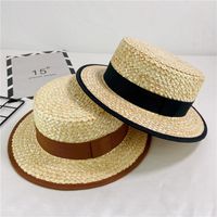 French Flat Top Straw Hat Elegant British Wheat Straw Beach Summer Hat main image 1