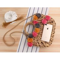 New Cute Color Hair Ball Hollow Hand-carried Straw Woven Bag 32*28*7cm main image 5