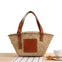 Casual Stitching Handmade Portable Vegetable Basket Straw Woven Bag 43*13*20cm main image 1