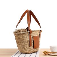 Casual Stitching Handmade Portable Vegetable Basket Straw Woven Bag 43*13*20cm main image 3
