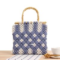 New Bamboo Plaid Straw Lace Hand-held Hand-carried Cotton Rope Woven Bag 30*26cm main image 1