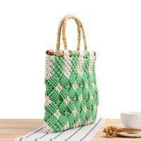 New Bamboo Plaid Straw Lace Hand-held Hand-carried Cotton Rope Woven Bag 30*26cm main image 3