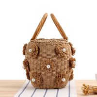 New Hand-carried Hand-woven Flower Pearl Bucket Straw Woven Bag 19*14*12cm main image 3