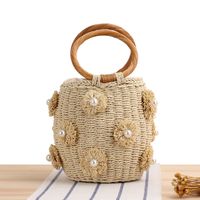 New Hand-carried Hand-woven Flower Pearl Bucket Straw Woven Bag 19*14*12cm main image 6