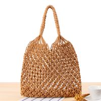 New Solid Color One-shoulder Woven Straw Cotton Rope Net Pocket Beach Bag 35*48cm main image 3