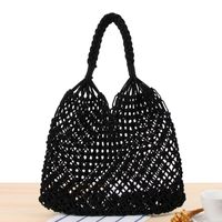 New Solid Color One-shoulder Woven Straw Cotton Rope Net Pocket Beach Bag 35*48cm main image 6