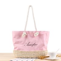 New Canvas Embroidered Letters One-shoulder Straw Woven Bag32*17*28cm sku image 5