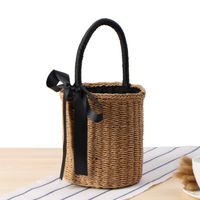 New Cylindrical Hand-carrying Straw Woven Summer Woven Bag 16*19cm sku image 1